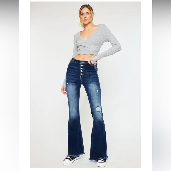 NEW KanCan Jeans Sian Button Fly High Rise Distressed Raw Hem Flare Dark Wash 25 - Picture 1 of 11
